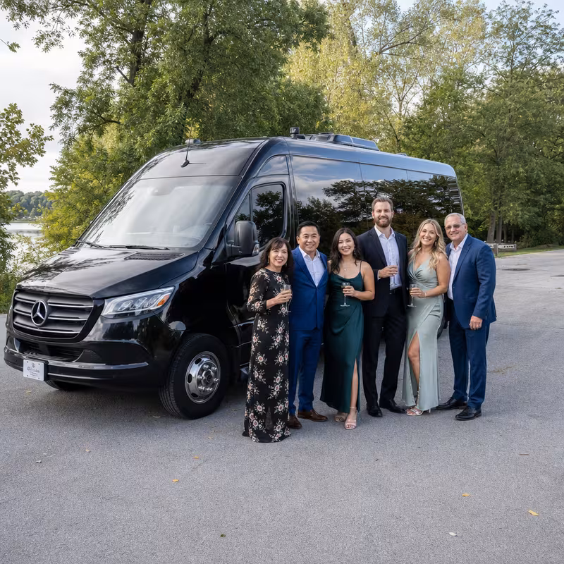 Group beside a Mercedes Sprinter limo from the Omaha fleet