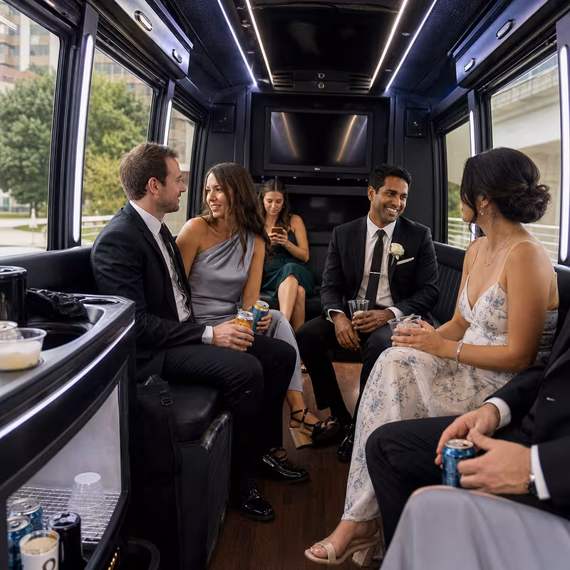 Wedding guests seated inside a Omaha party bus