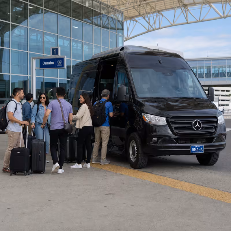Group boarding a white charter bus for Airport Transportation transportation in Omaha