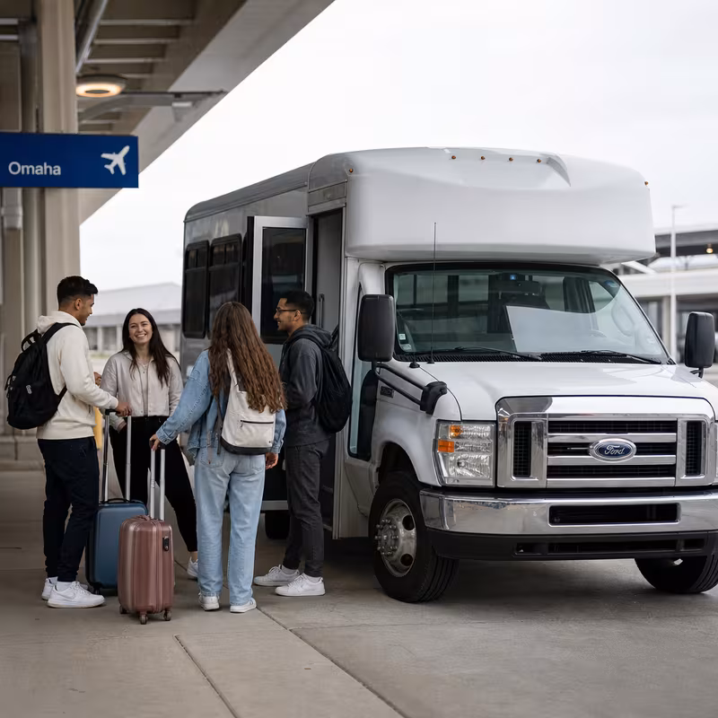 Black Mercedes Sprinter van staged for an Omaha Airport Transportation group