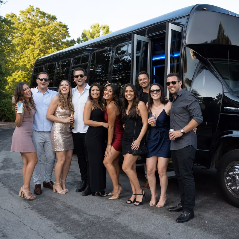 Group boarding a white charter bus for Birthday Transportation transportation in Omaha