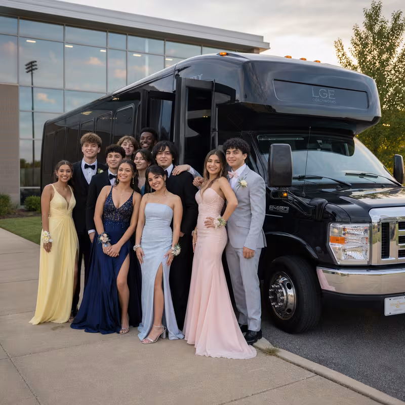 Group boarding a white charter bus for Prom & Homecoming Transportation transportation in Omaha